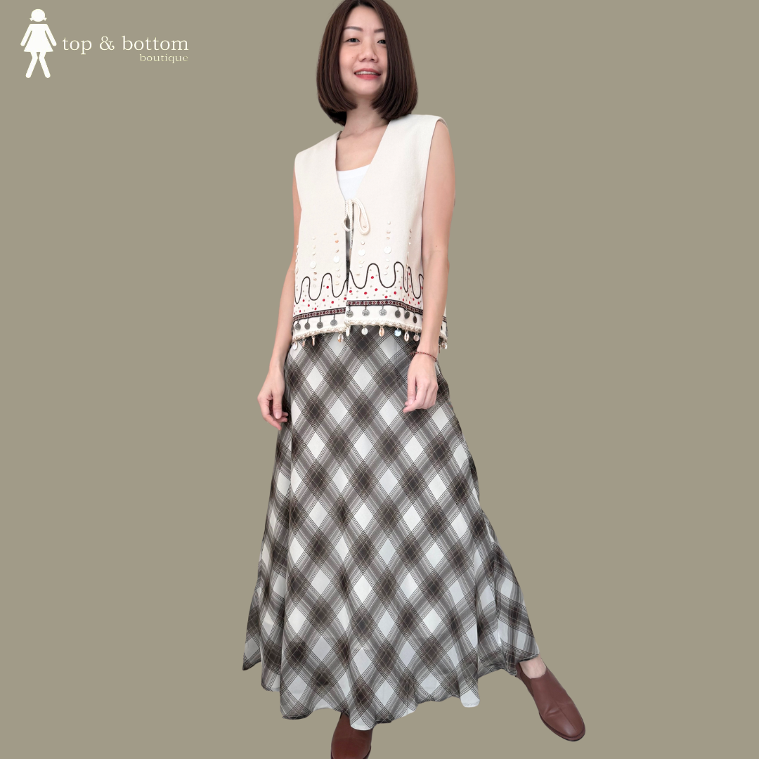 CHIFFON CHECKED LONG FLARE SKIRT