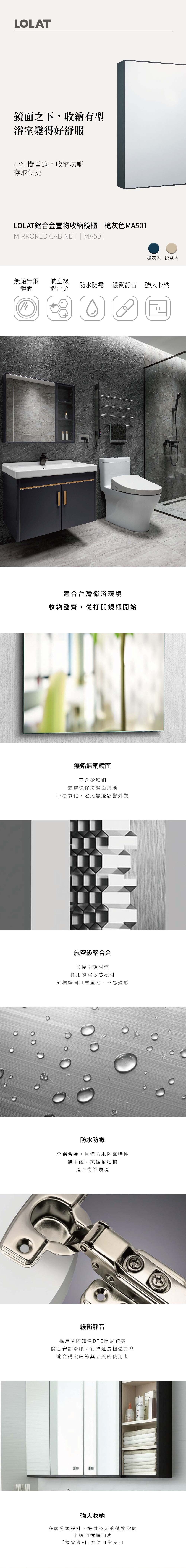 LOLAT鋁合金置物收納鏡櫃-槍灰色MA501產品介紹。