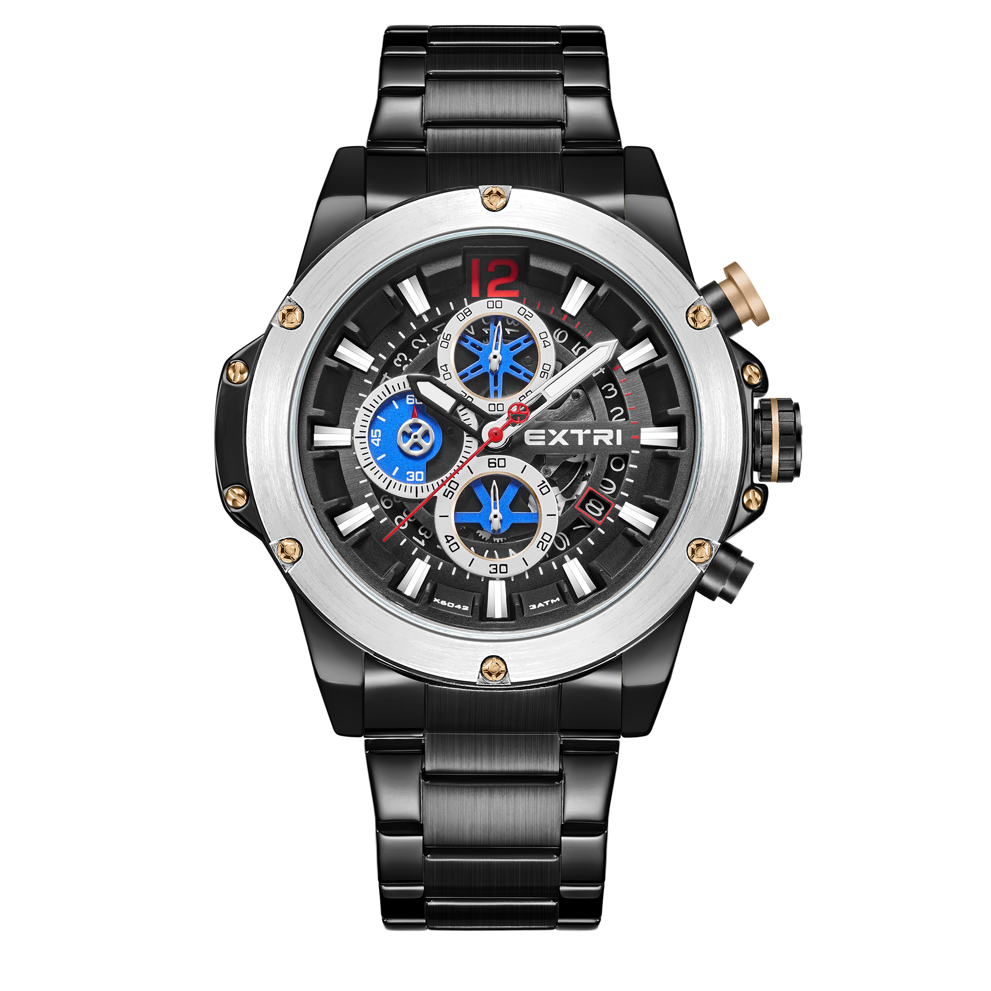 【EXTRI】 X6042 經典 圓形 日期顯示 三眼 不鏽鋼 手錶