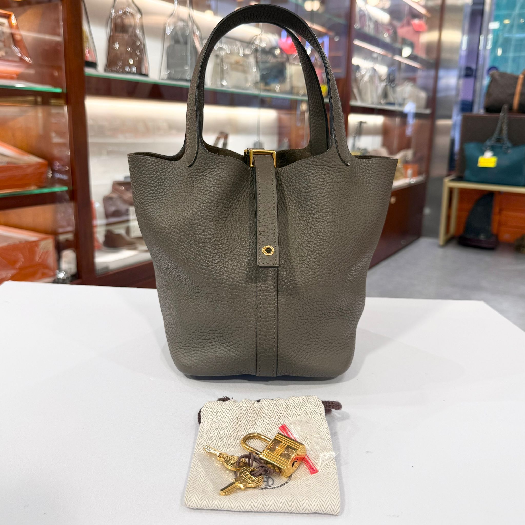 98%NEW二手HERMES PICOTIN 18 D刻 錫器灰/金扣 8F/GRIS,ETAIN GHW #P18 #香榭站正品