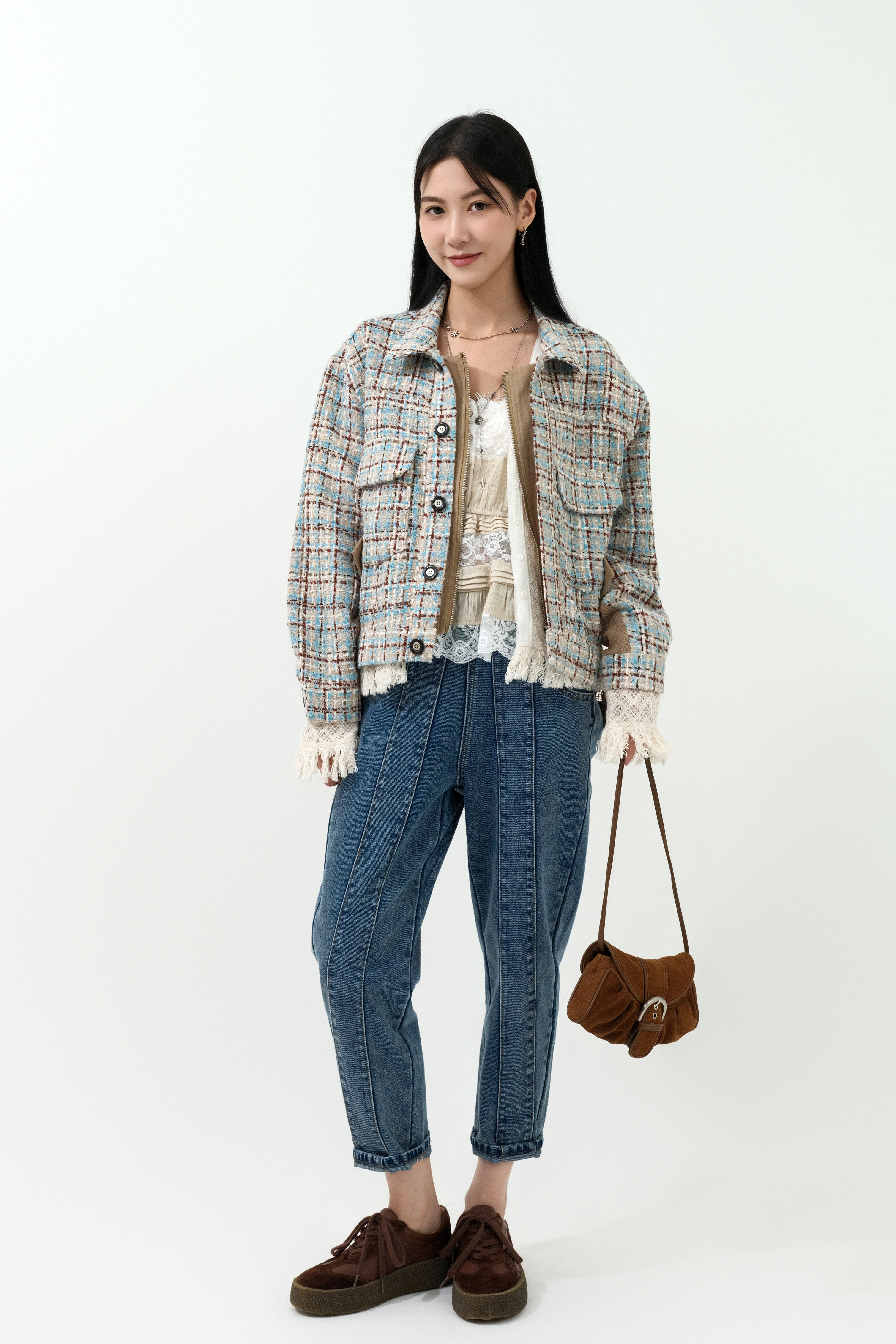 tweed拼網拉鍊鈕扣外套  (預購產品）