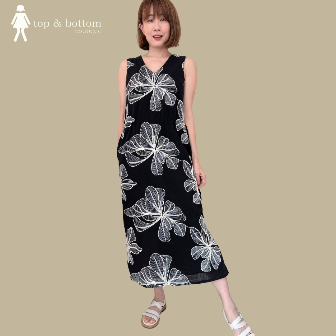 SLEEVELESS EMBROIDERED FLOWER SHIFT DRESS