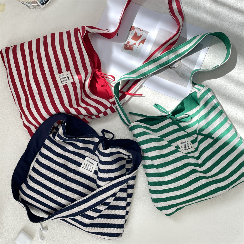 《6224》韓系條紋雙面單肩帆布包