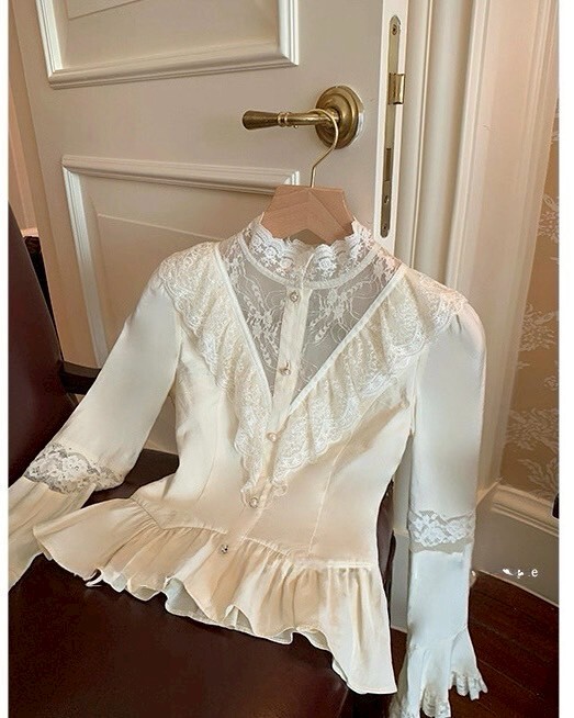 設計師家襯衫料拼接蕾絲馬甲線上衣