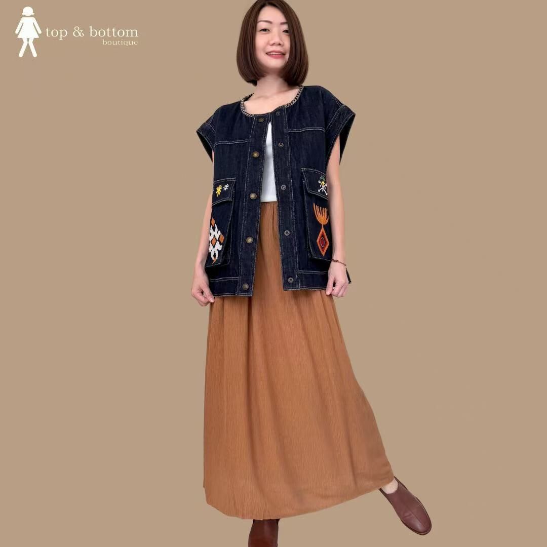 DENIM EMBROIDERED DETAILED & POCKET OVERSIZE VEST