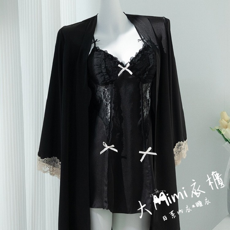 ♥夜色輕語蕾絲蝴蝶結吊帶睡衣套裝