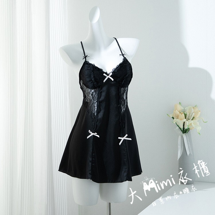 ♥夜色輕語蕾絲蝴蝶結吊帶睡衣洋裝
