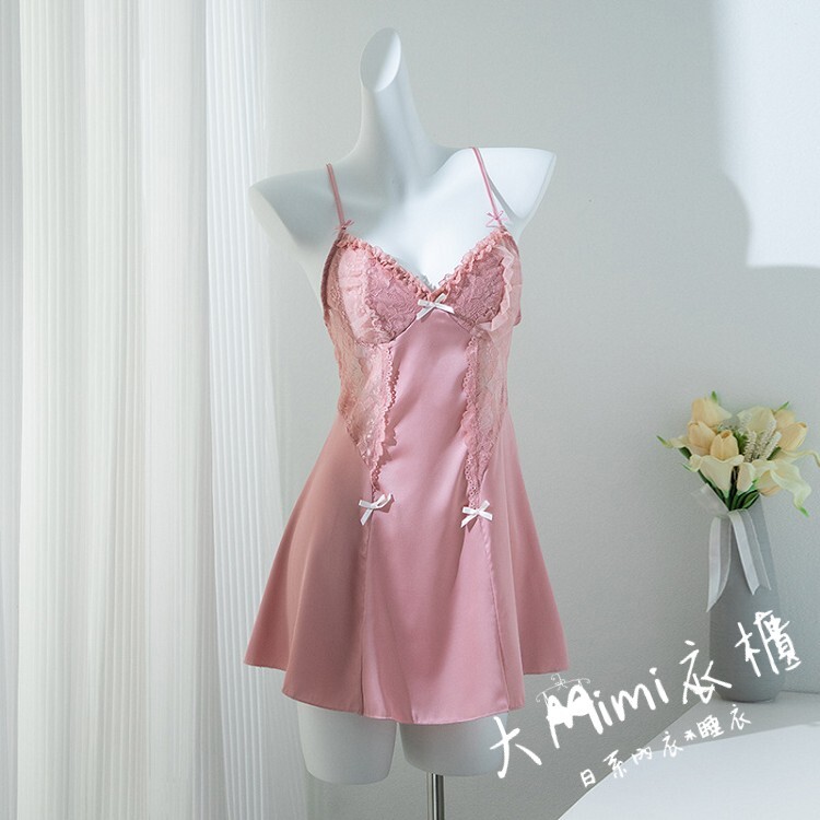♥夜色輕語蕾絲蝴蝶結吊帶睡衣洋裝