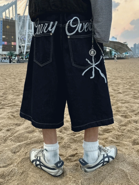 Carry 刺繡百慕達牛仔褲