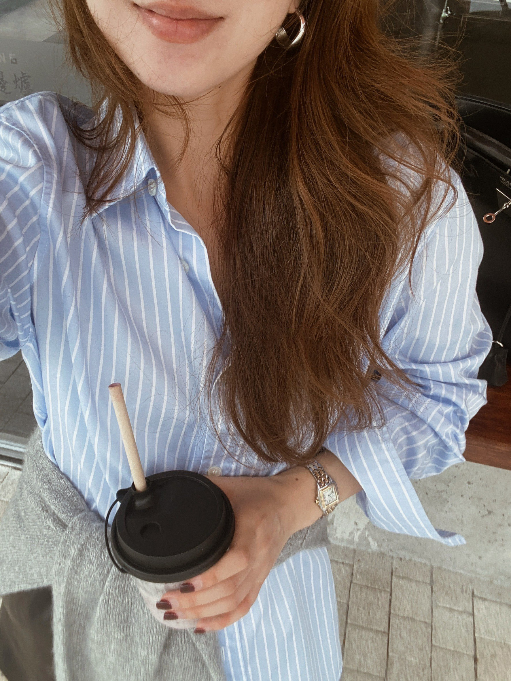 學院風天空藍白條翻領排釦襯衫-XS-L (Elegant & Love)