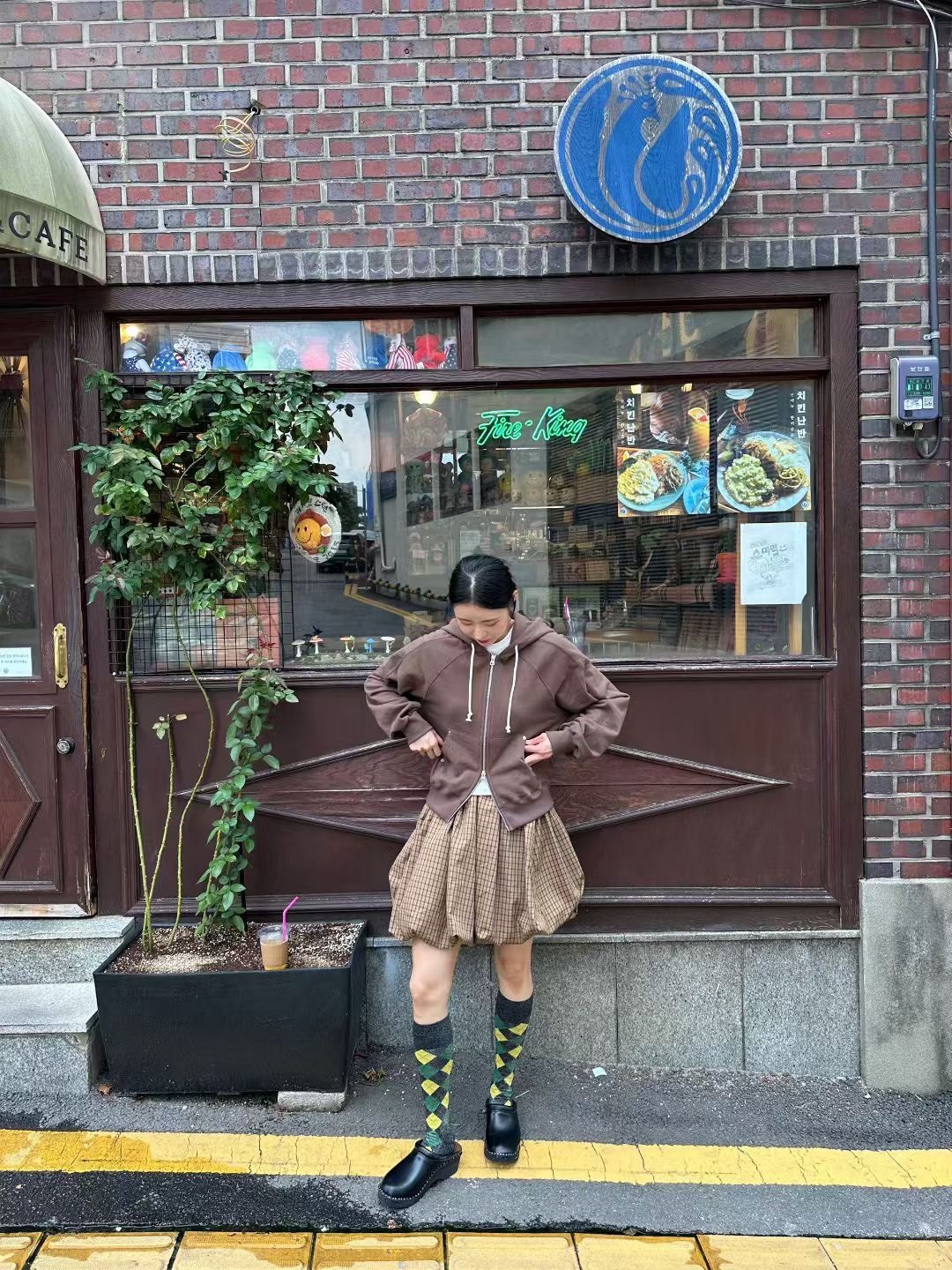 落葉色格子泡泡裙