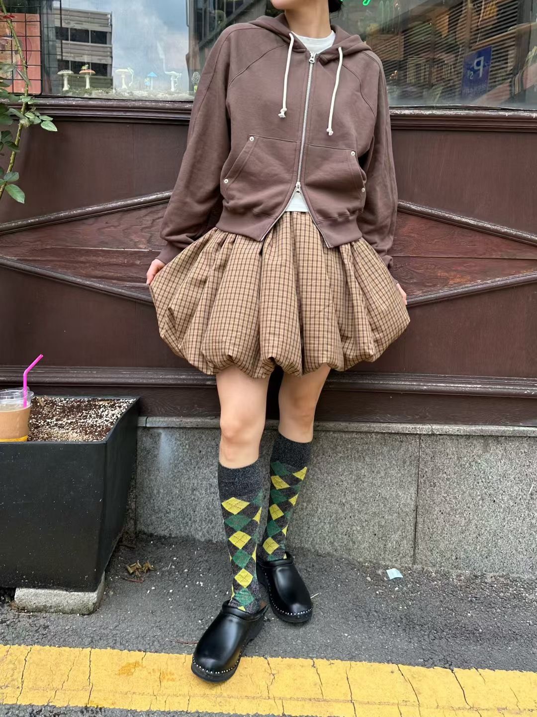 落葉色格子泡泡裙