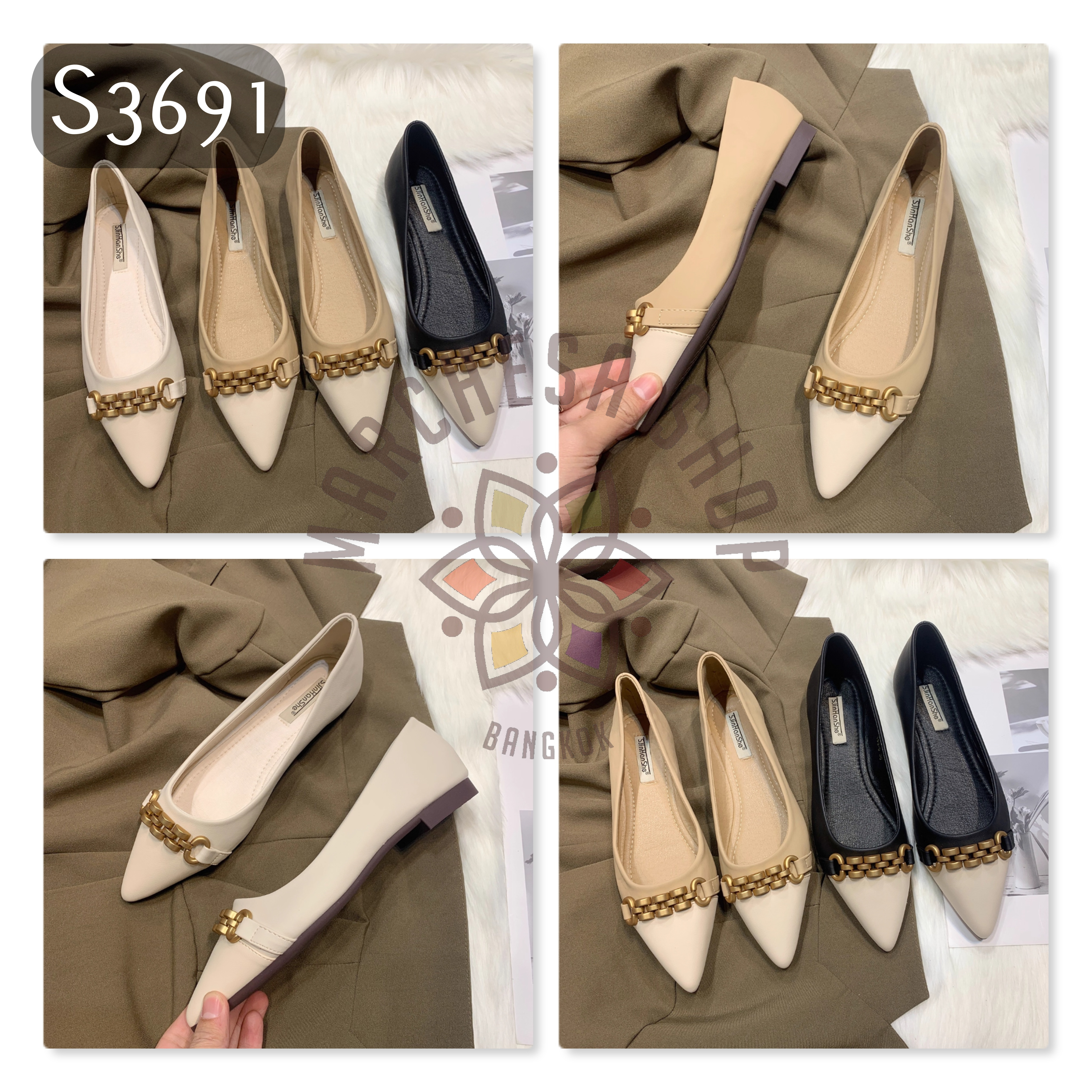 S3691 - 牛皮磨沙鏈條尖頭平底鞋 (大小呎碼)