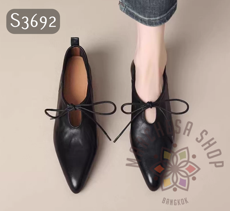S3692 - 頭層羊皮小眾綁帶尖頭低踭鞋