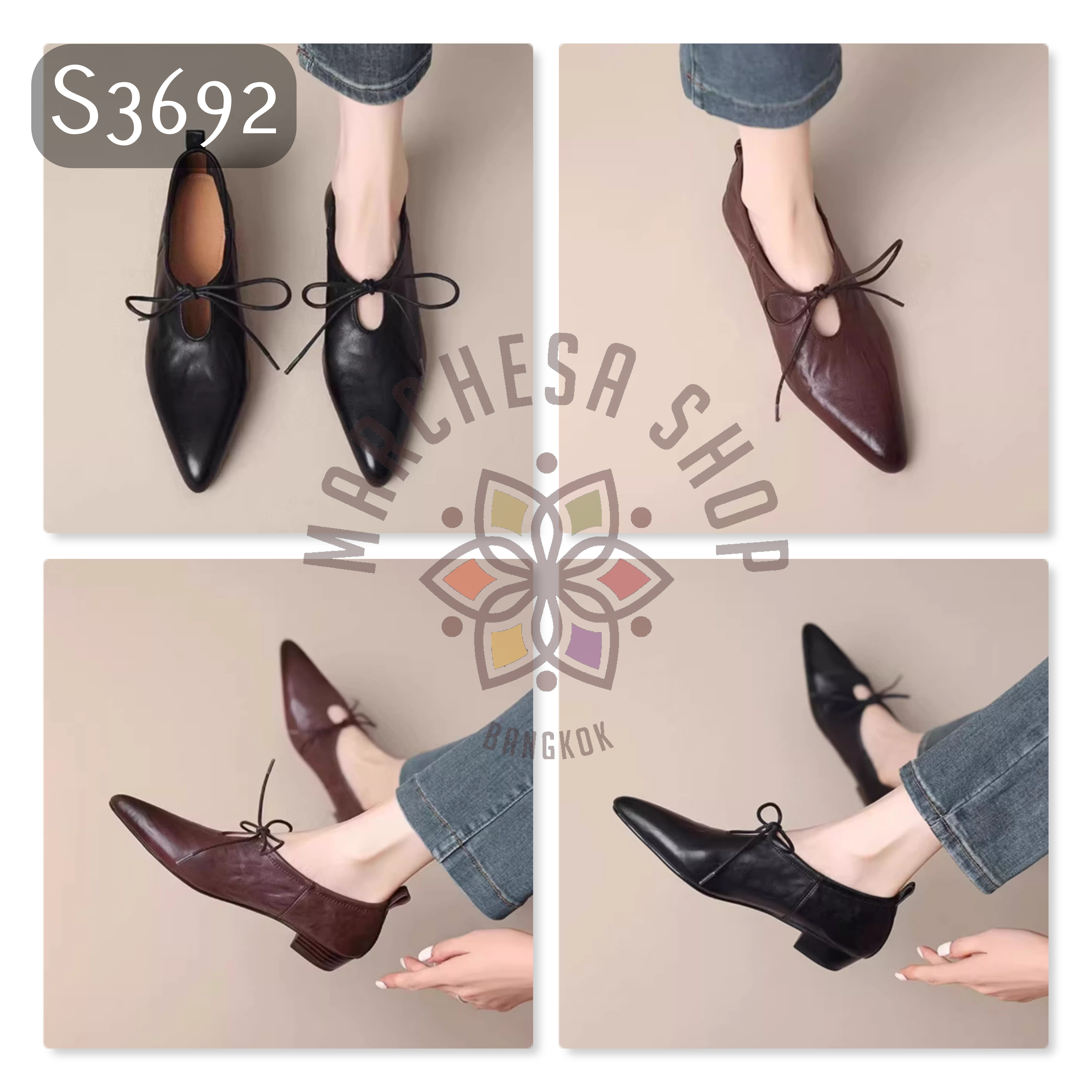 S3692 - 頭層羊皮小眾綁帶尖頭低踭鞋