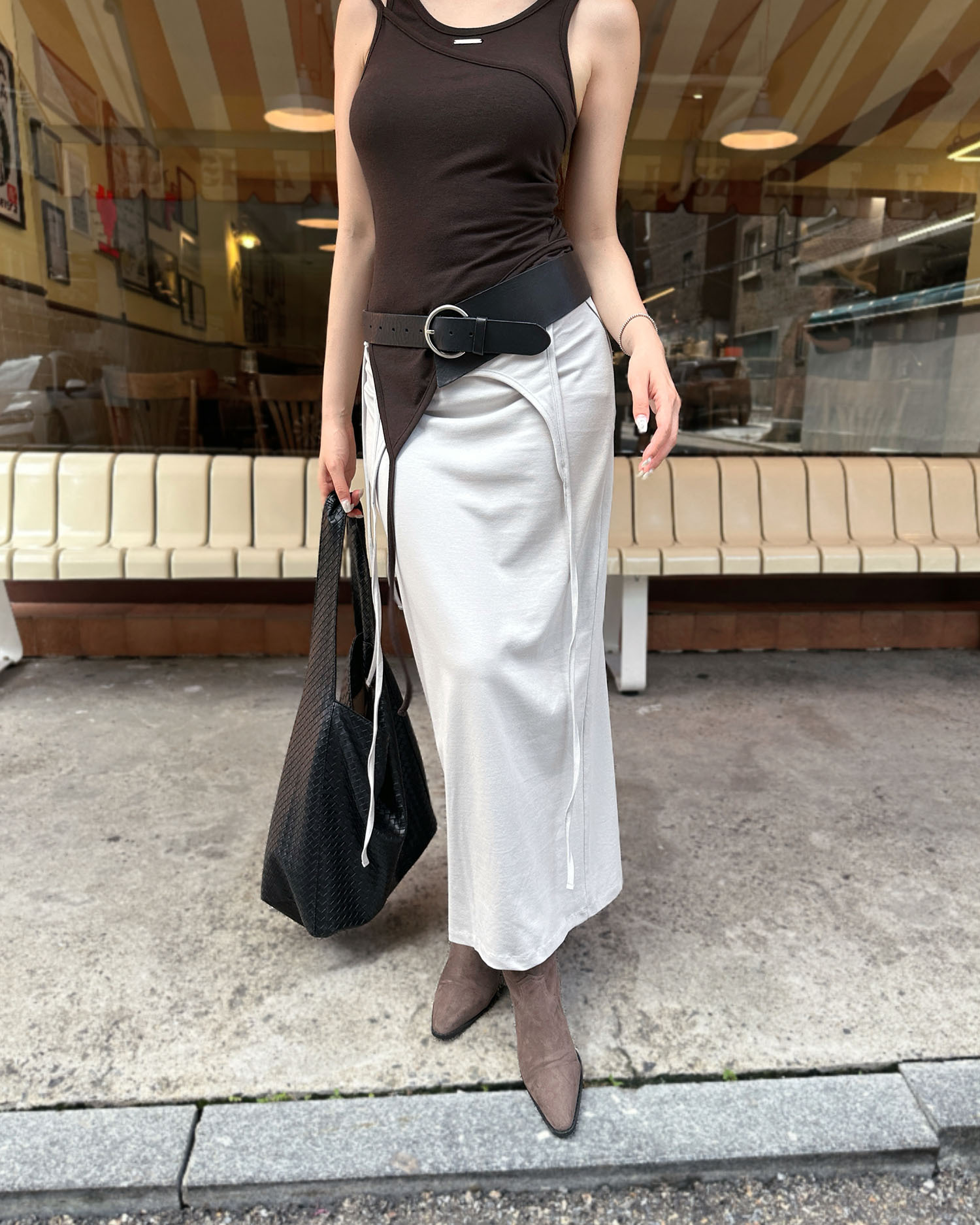 B912 不規則時髦綁帶一片裙 / 灰杏