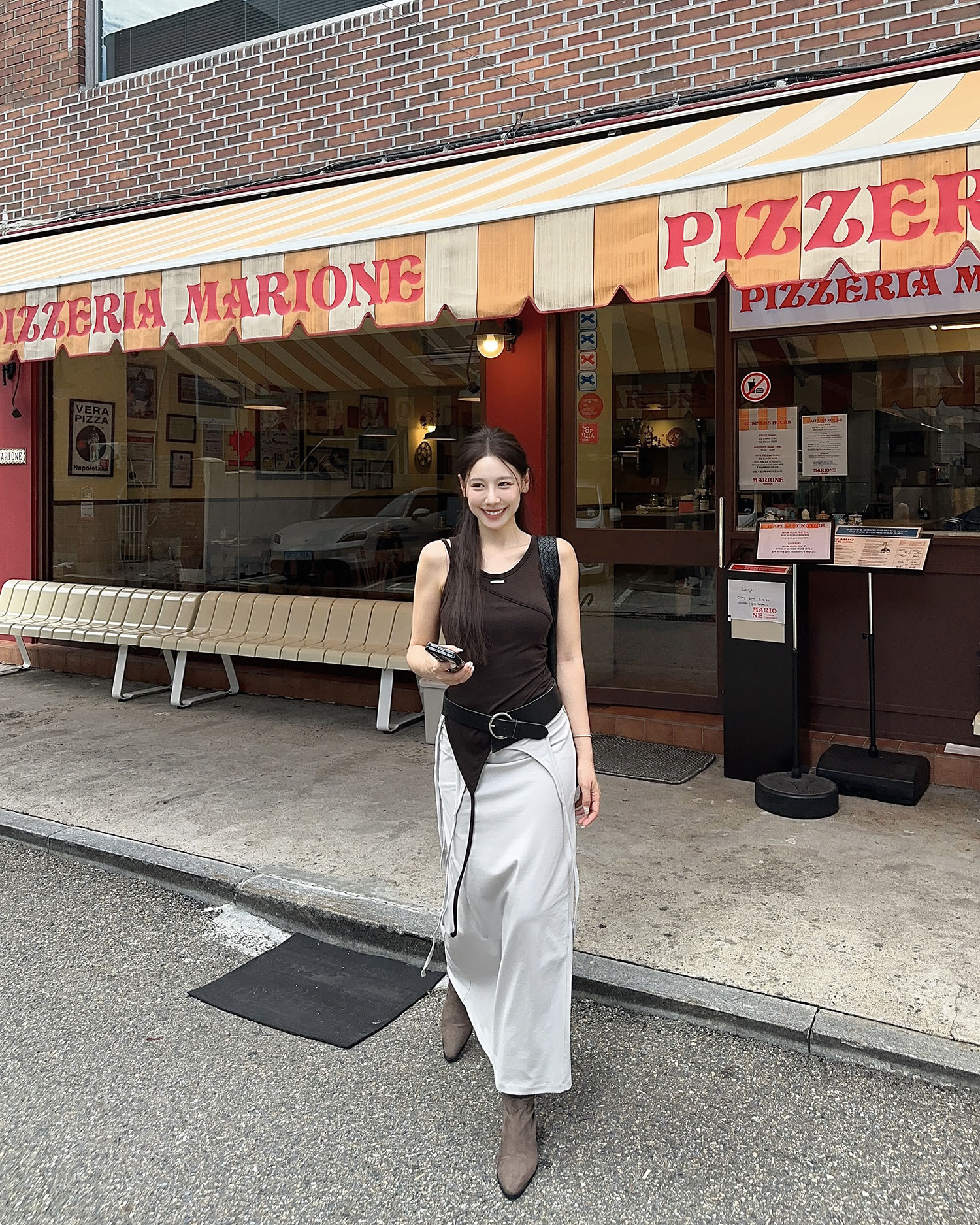 B912 不規則時髦綁帶一片裙 / 灰杏