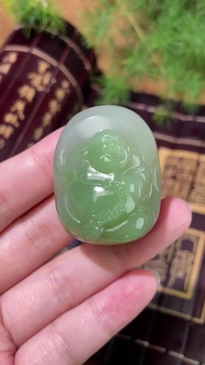 和田玉翠青彌勒佛,天然和田玉軟玉