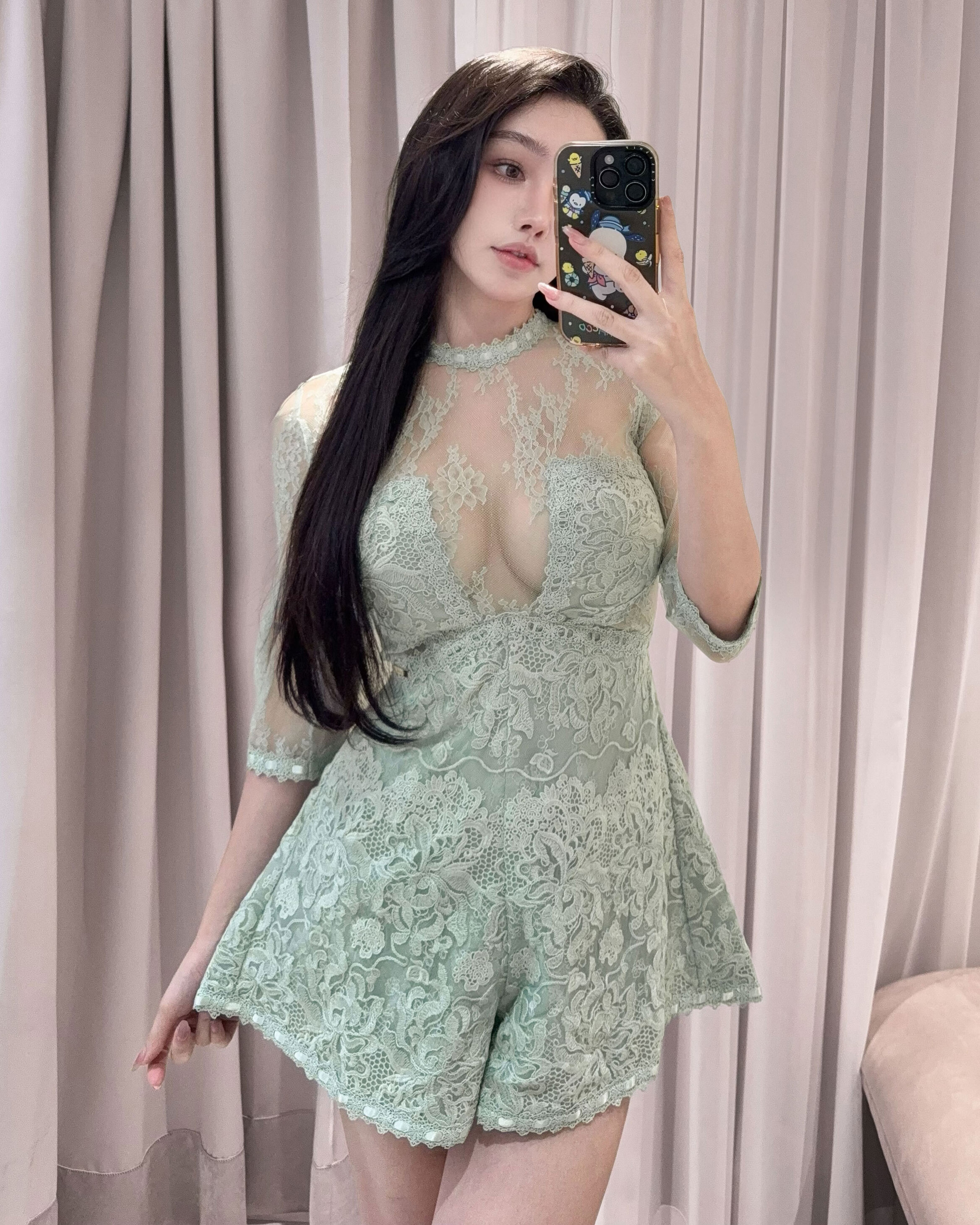 訂製-性感透視重工蕾絲連身褲裝