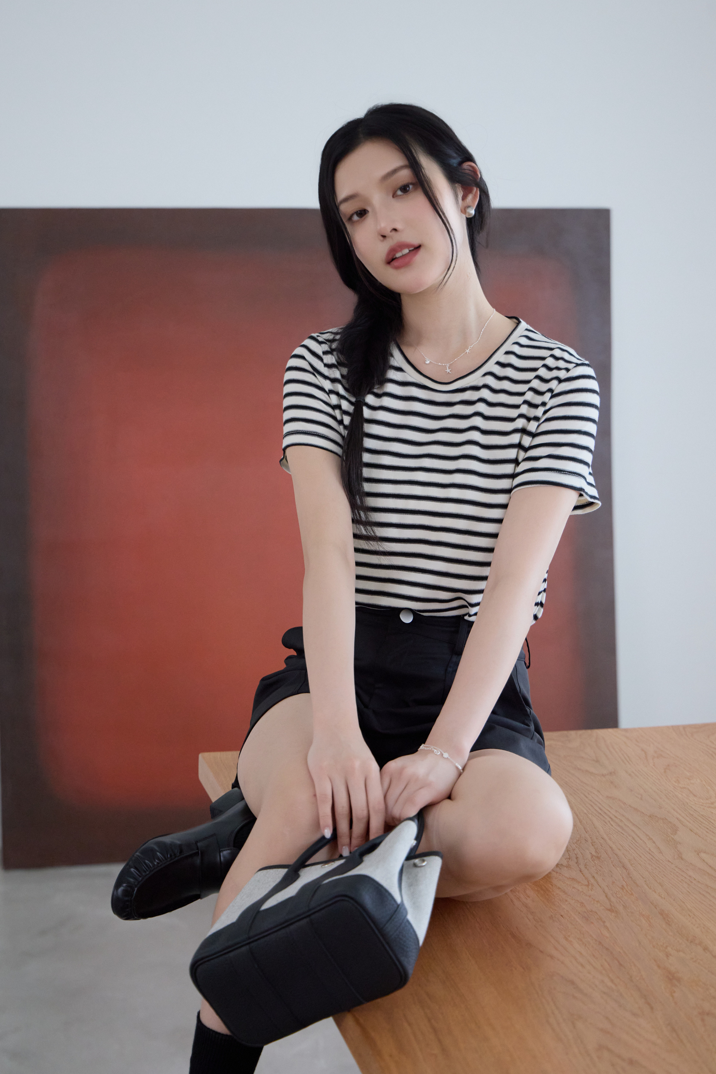 Gmade/細工條紋圓領正肩T-shirt-黑白條