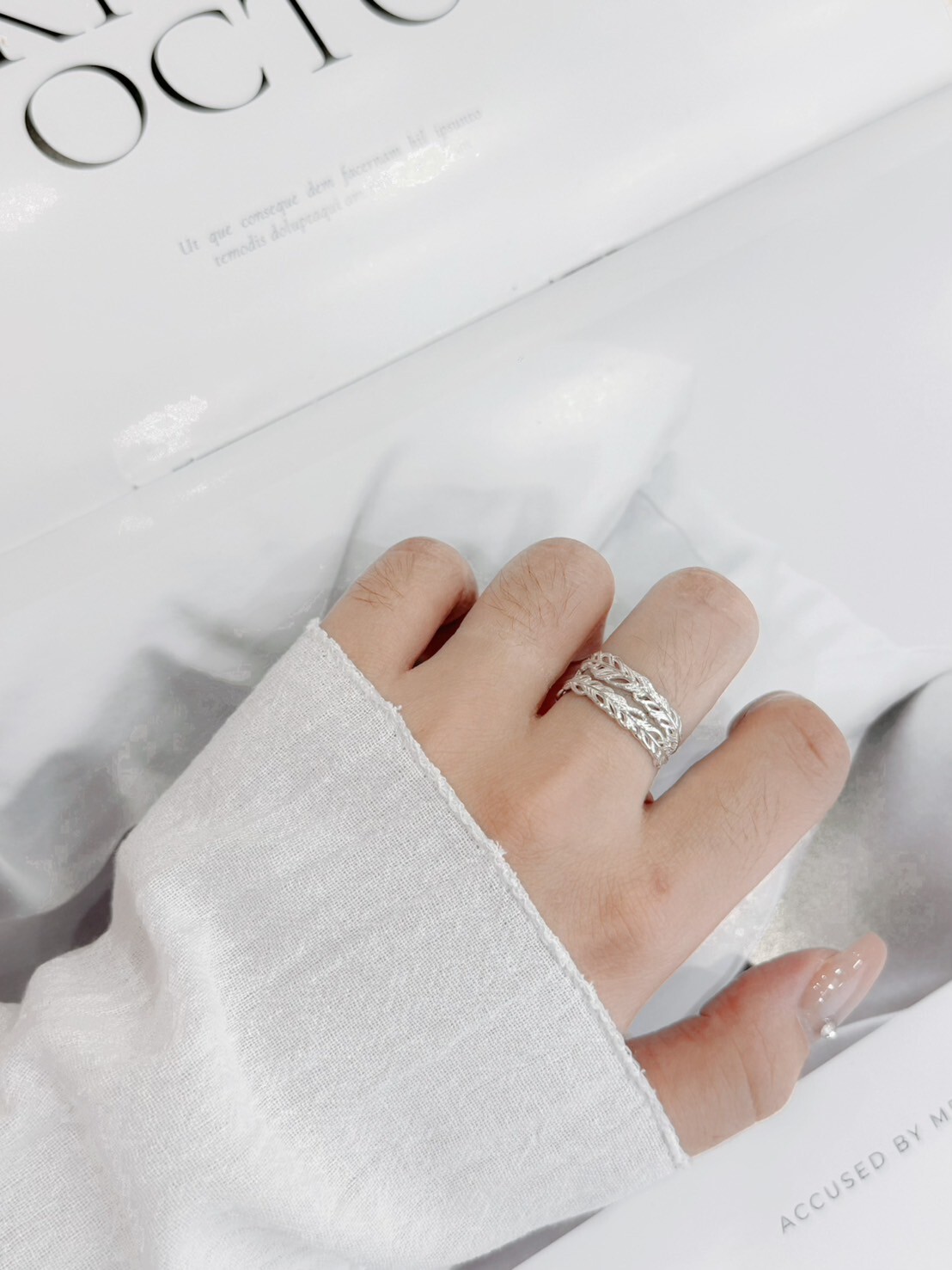 雙圈羽毛純銀戒指