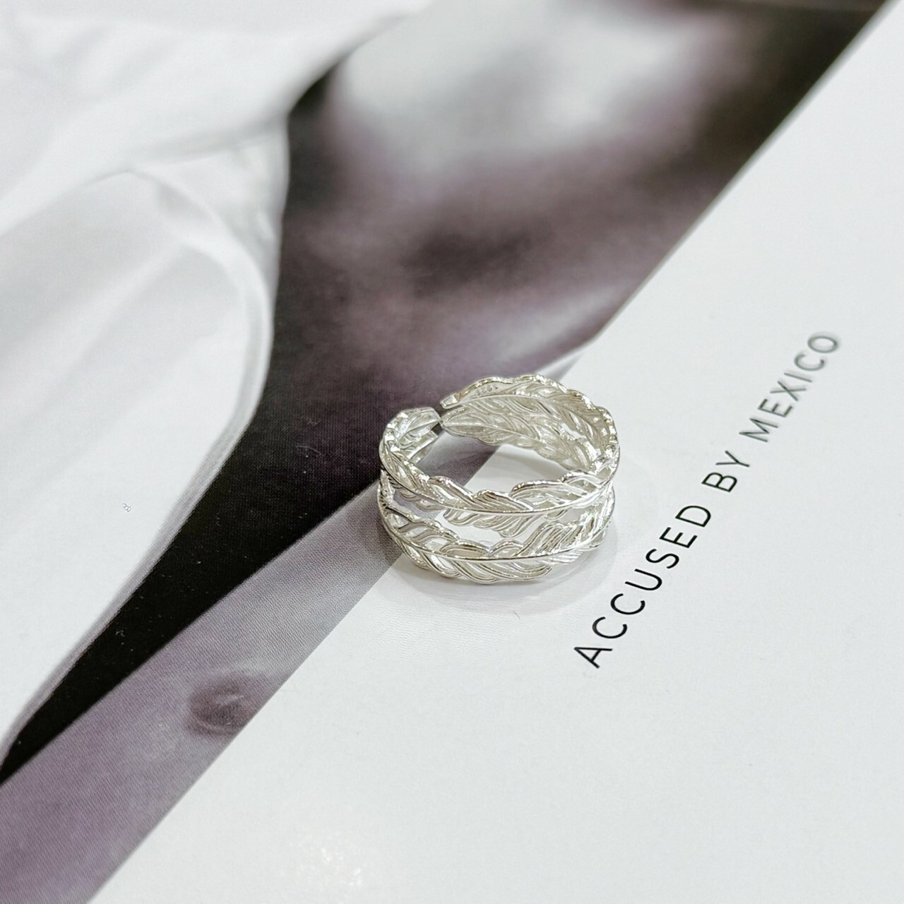 雙圈羽毛純銀戒指