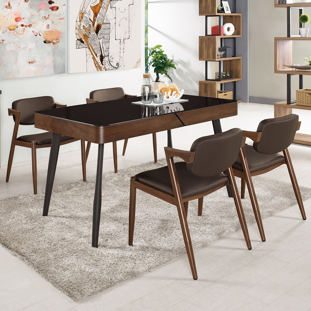 衛倫4.5尺黑色玻璃餐桌椅組(一桌四椅)