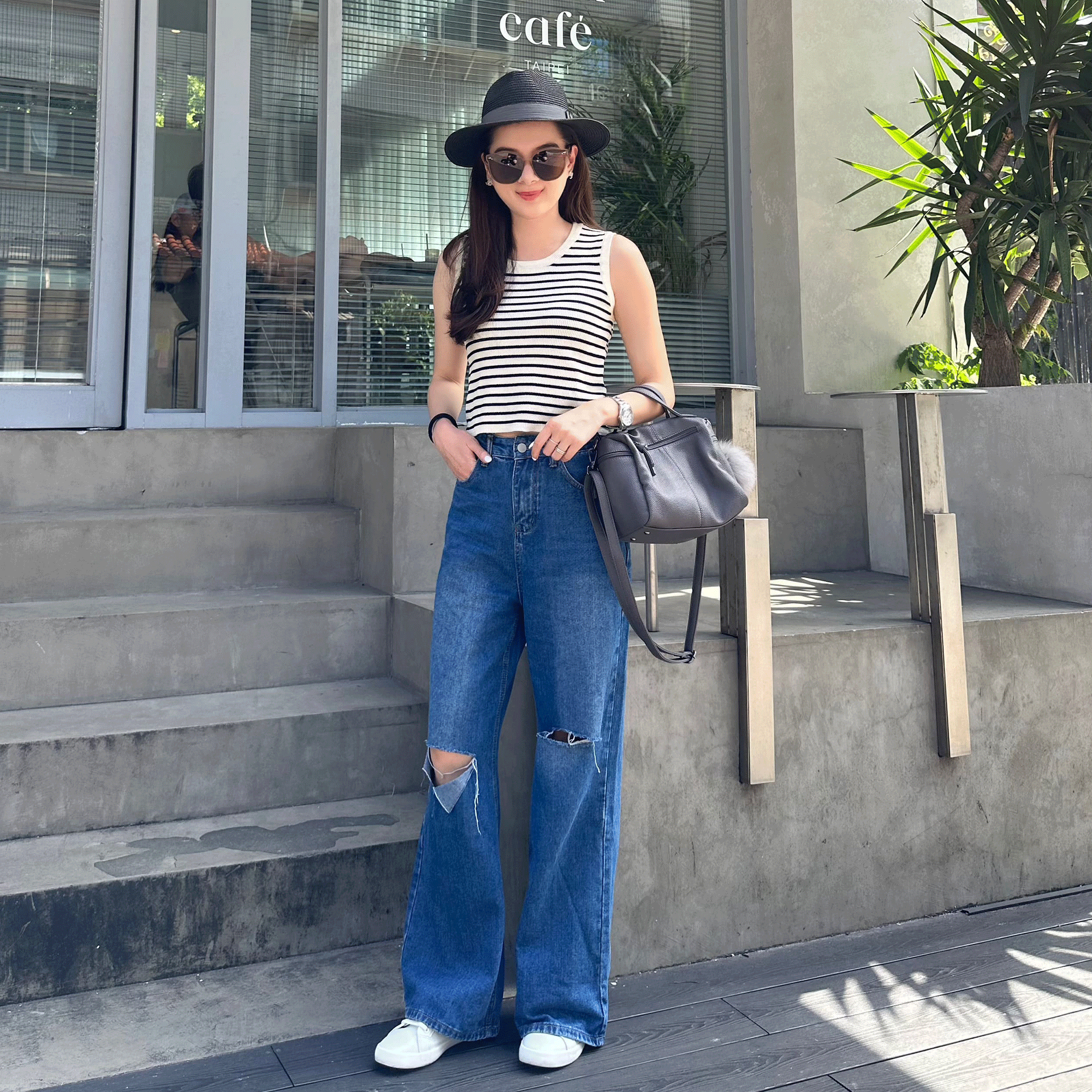 美式割破牛仔寬褲