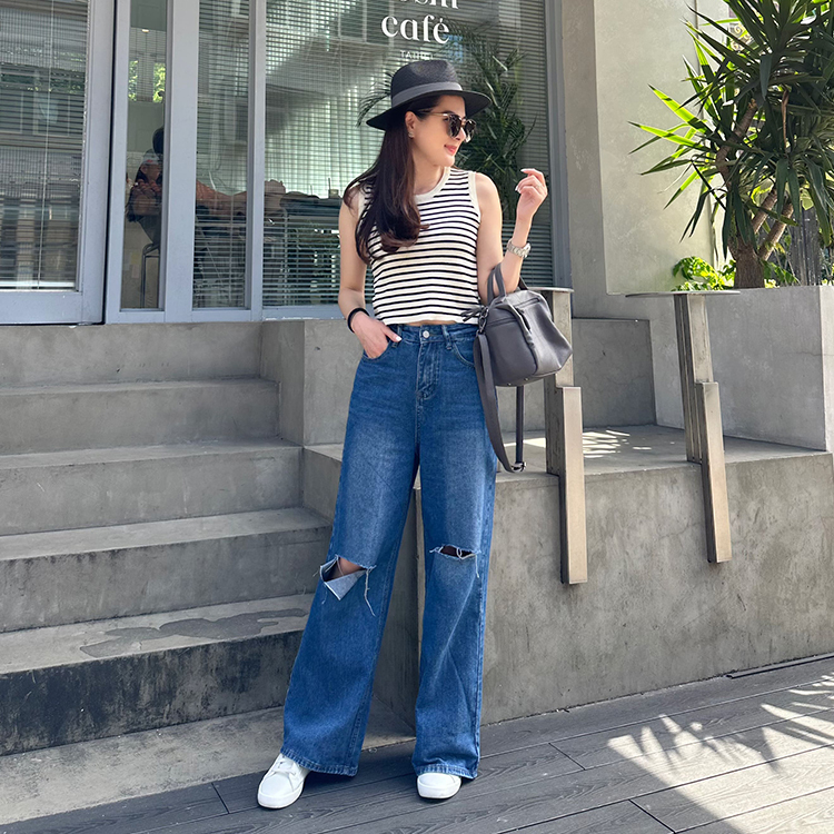 美式割破牛仔寬褲