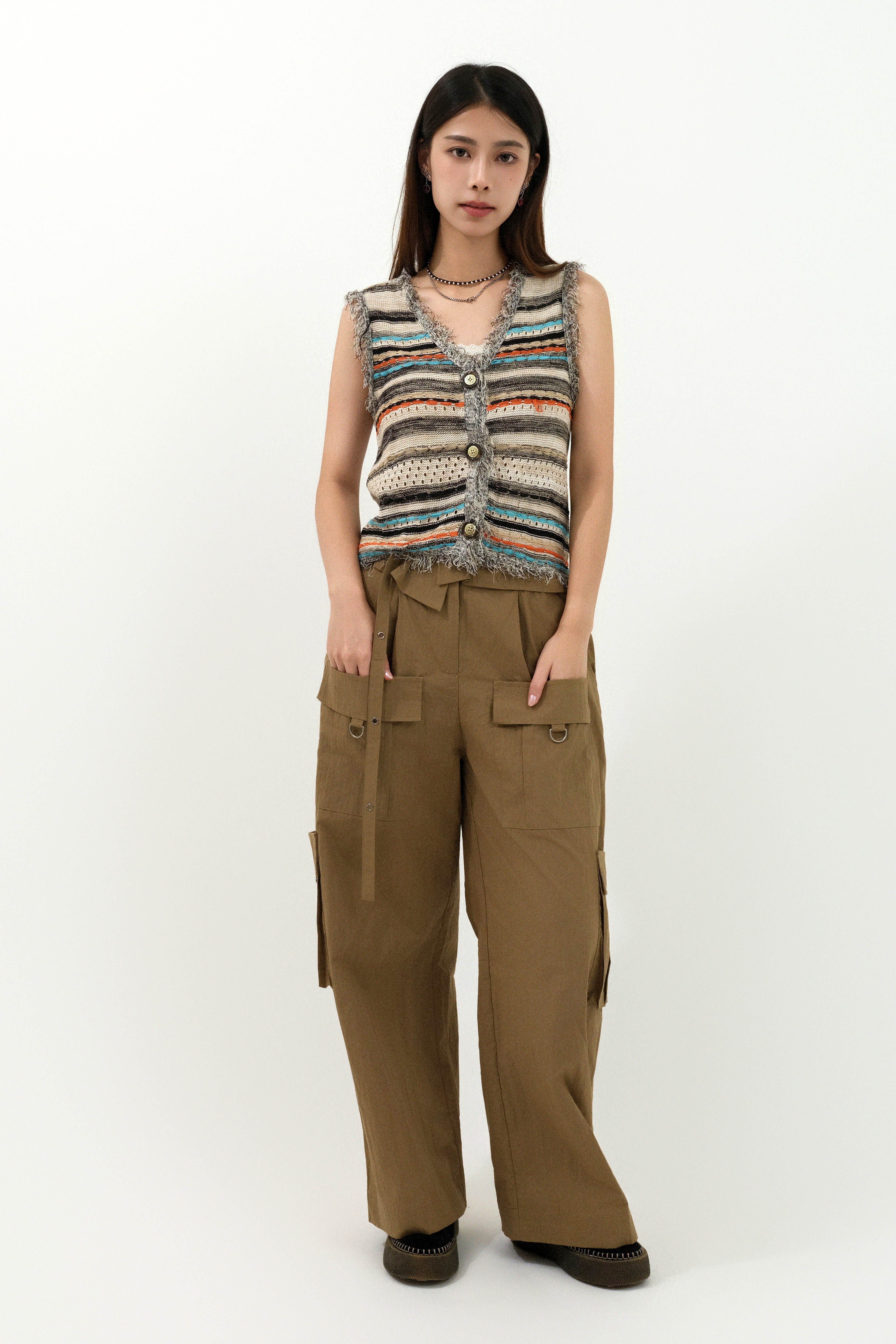 混色網帶蘇蘇針織背心 (現貨款式）