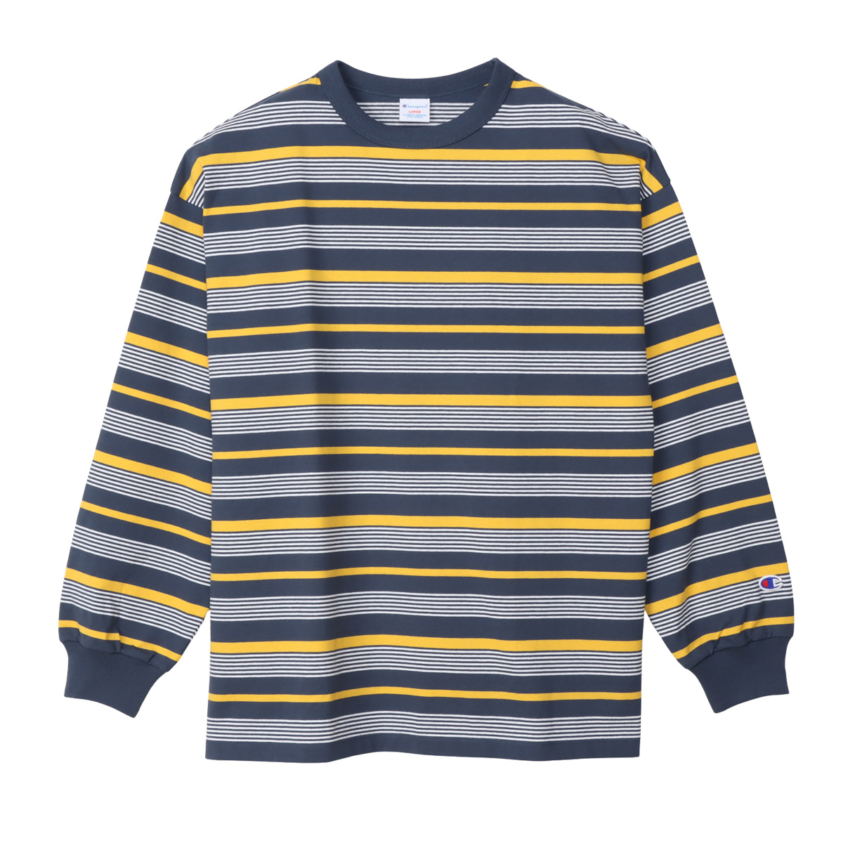 男款-CASUAL 寬版條紋素面長袖TEE-深藍/黃條紋 （C3-C405-370）