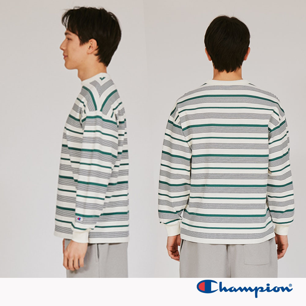 男款-CASUAL 寬版條紋素面長袖TEE-淺米/綠條紋 （C3-C405-815）