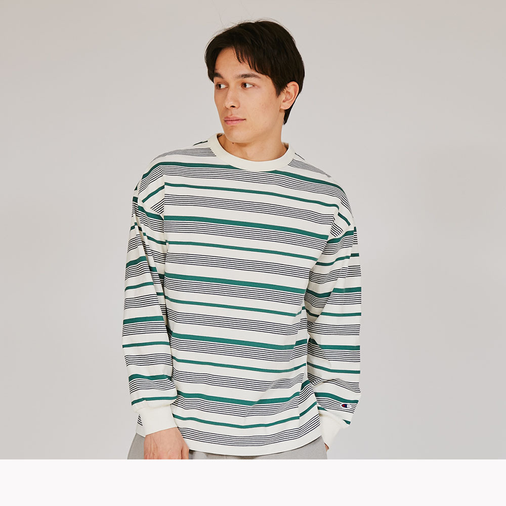 男款-CASUAL 寬版條紋素面長袖TEE-淺米/綠條紋 （C3-C405-815）