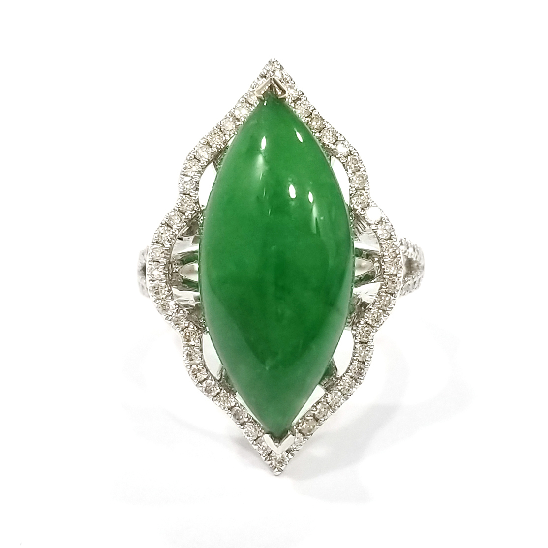 欖尖形翡翠雙臂天然鑽石戒指