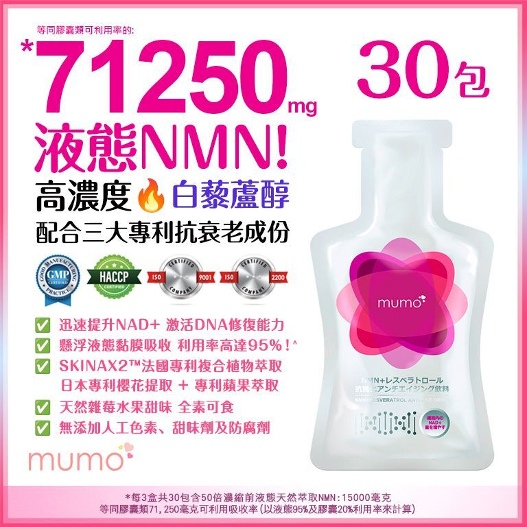 mumo (3盒特惠裝) 液態NMN白藜蘆醇抗衰老口服液(雜莓味)配合3大專利成份 (30克*30包)【原装正品行貨】