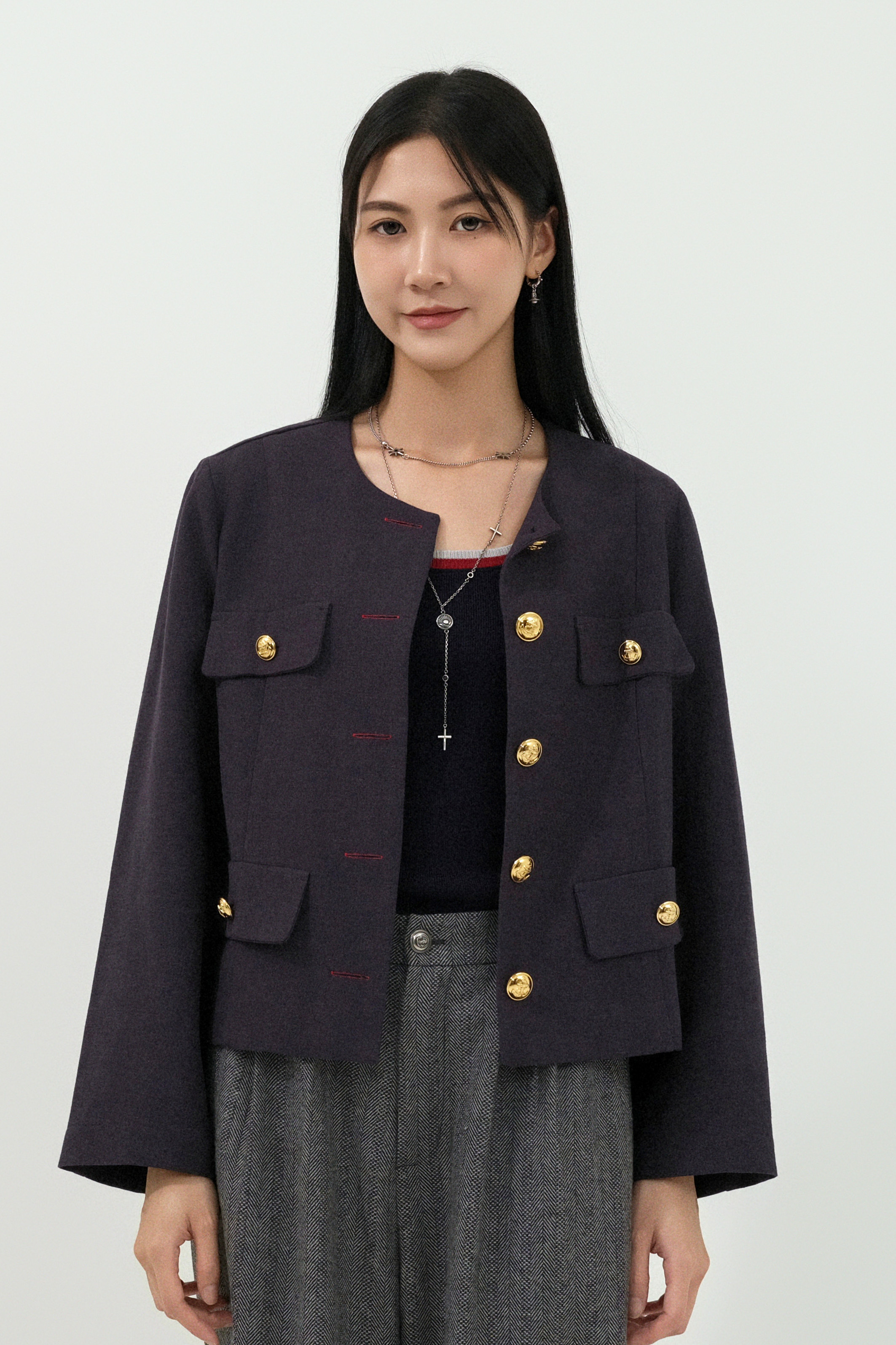 撞色鈕門圓領四袋褸 (現貨款式）