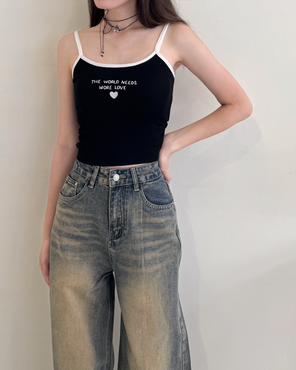 愛心圖案細肩帶上衣(附胸墊)-5523