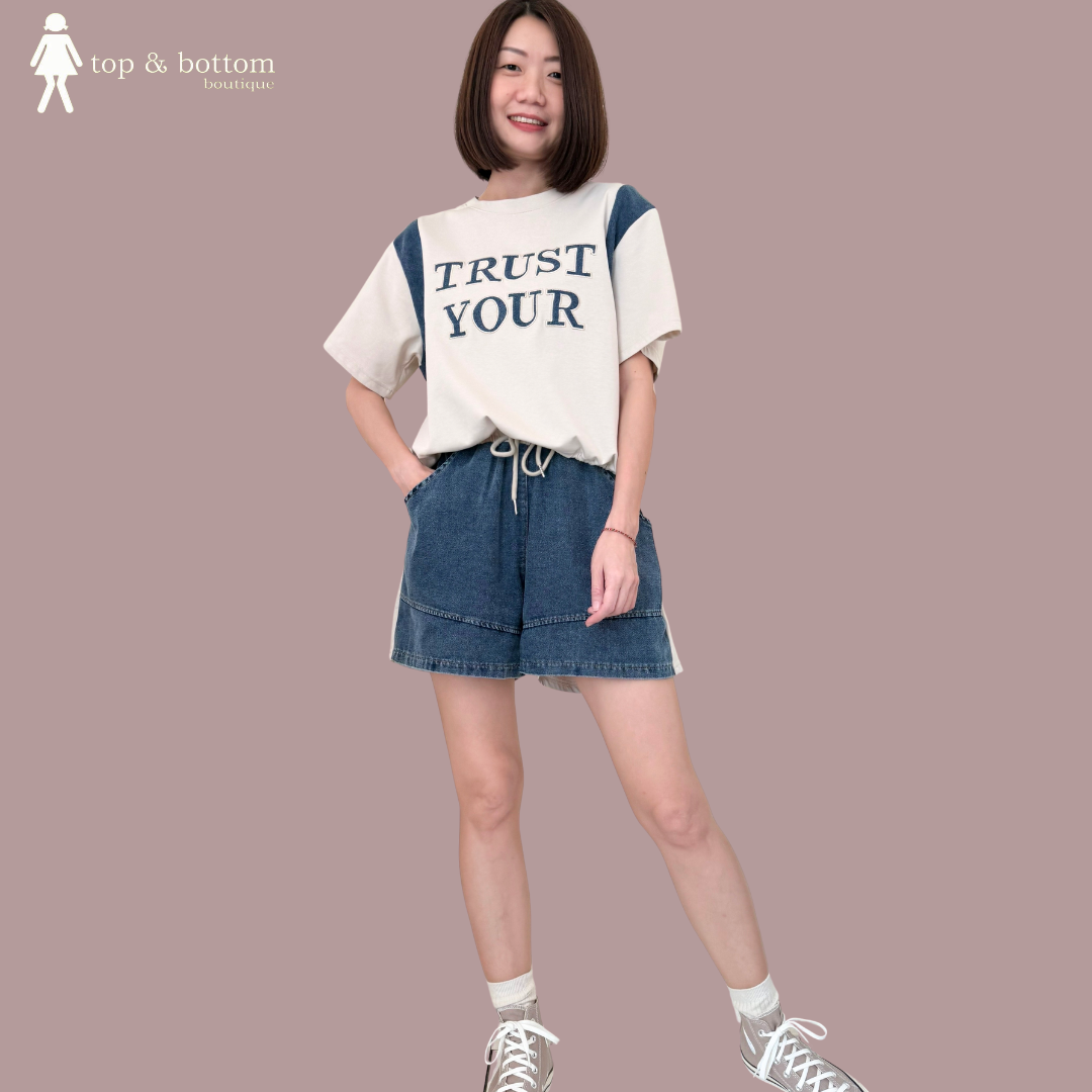 DENIM DETAILTED SHORT SLEEVE TEE & SHORTS SET SUIT (2 PCS)
