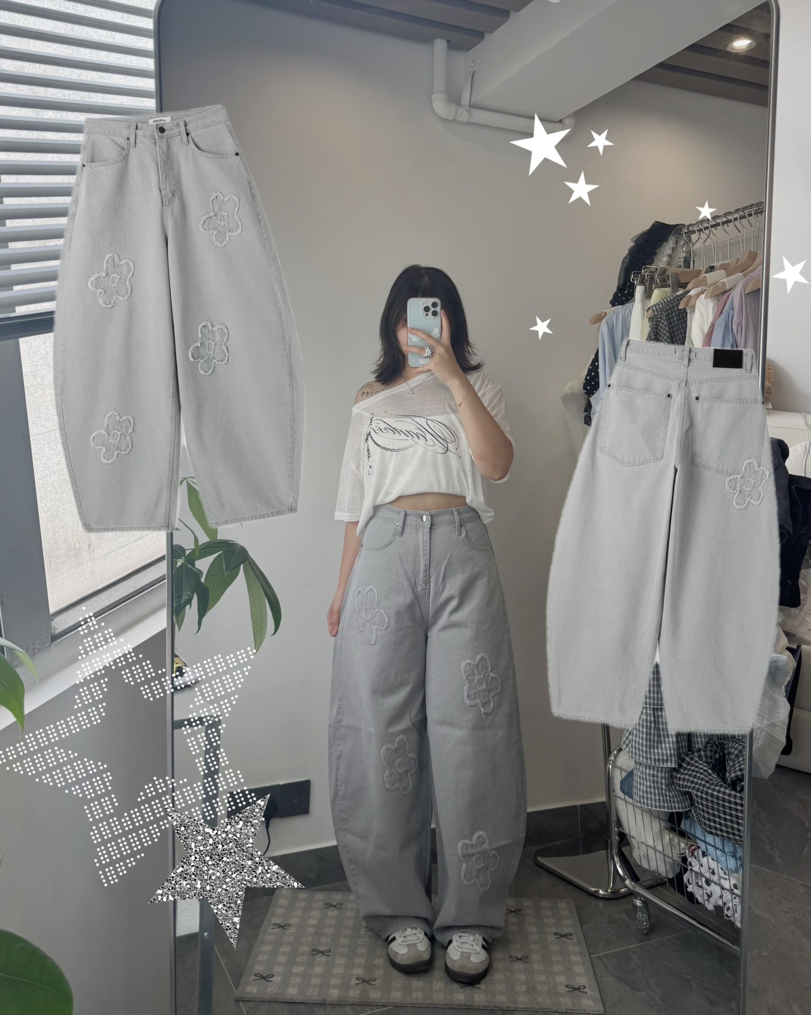 花花灰色牛仔褲 3 size