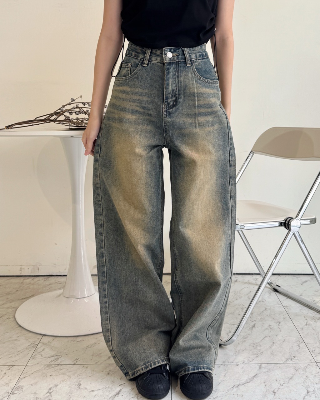 復古刷色直筒寬牛仔褲-8206