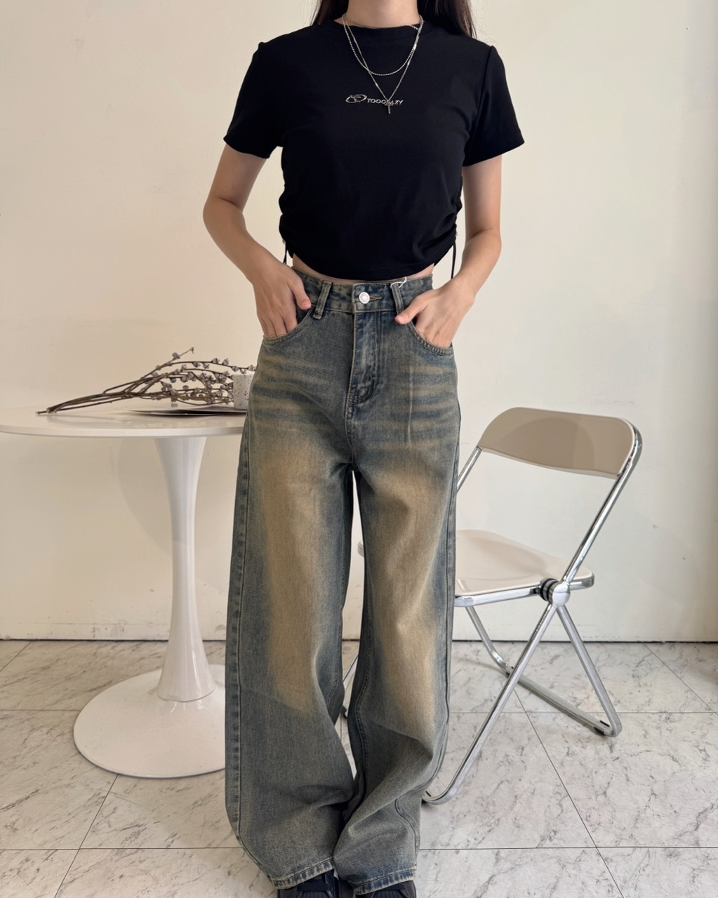復古刷色直筒寬牛仔褲-8206