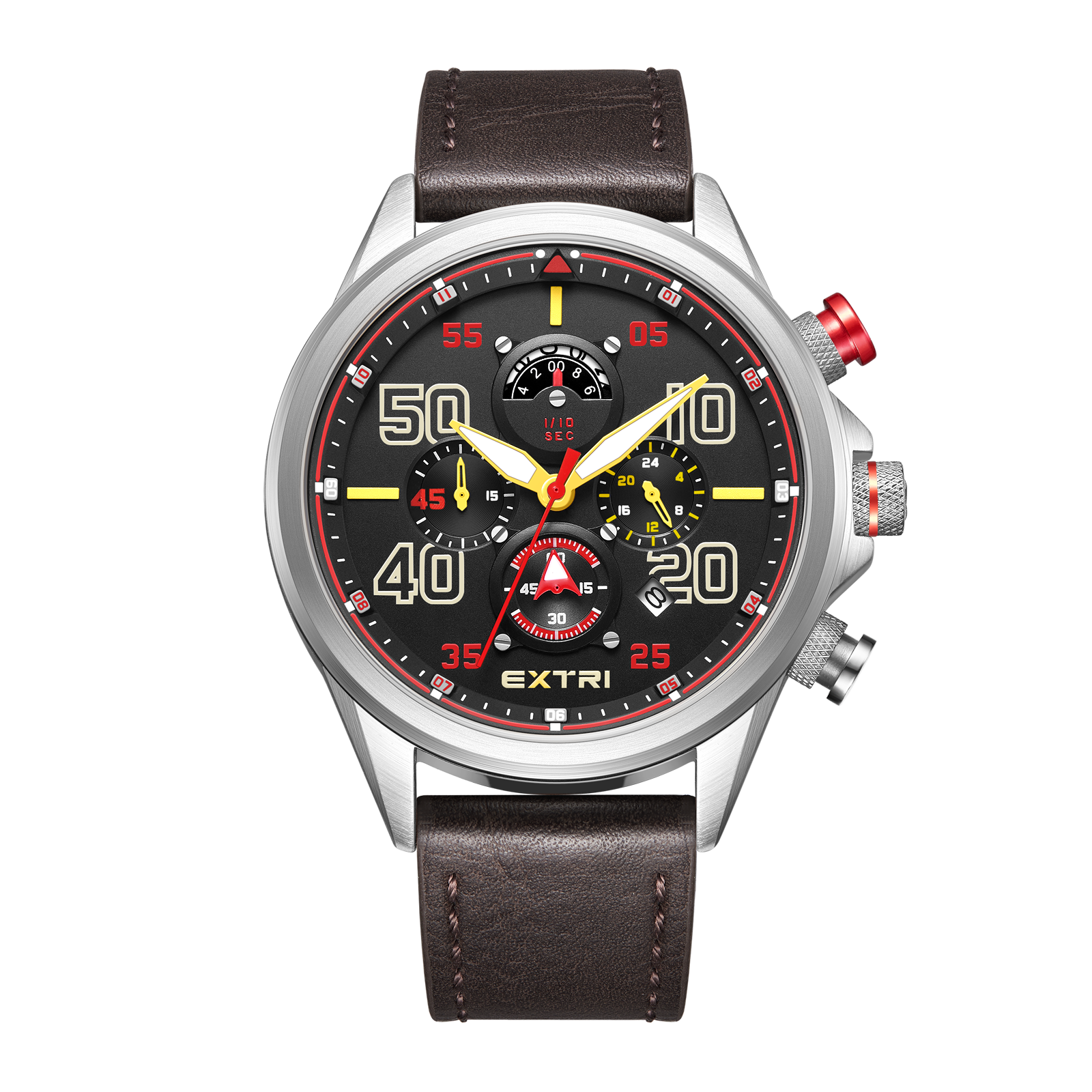【EXTRI】 X6055 經典 圓形 日期顯示 24小時制 四眼 皮帶 手錶