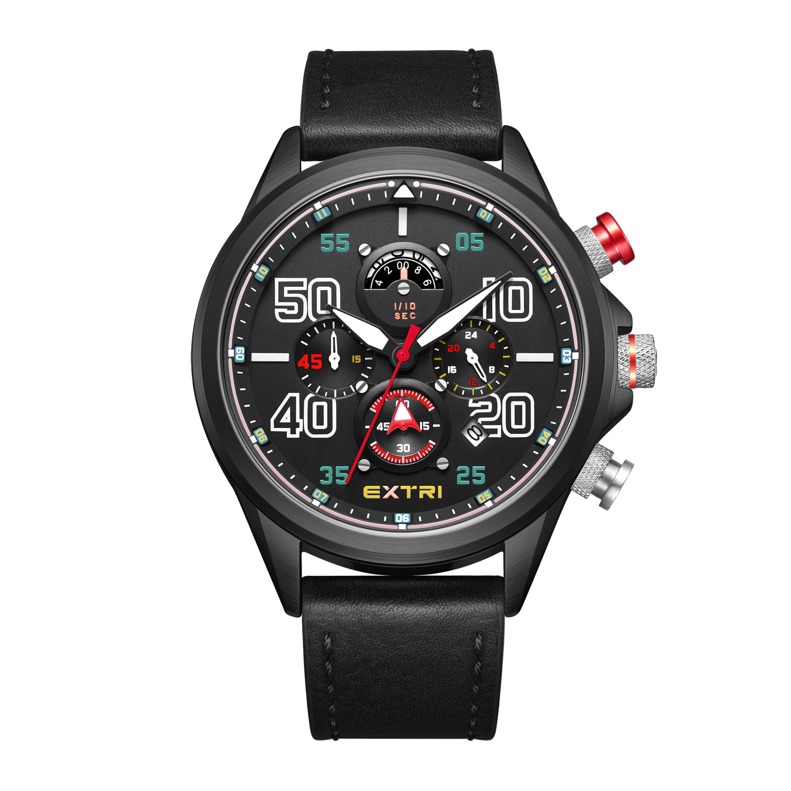 【EXTRI】 X6055 經典 圓形 日期顯示 24小時制 四眼 皮帶 手錶
