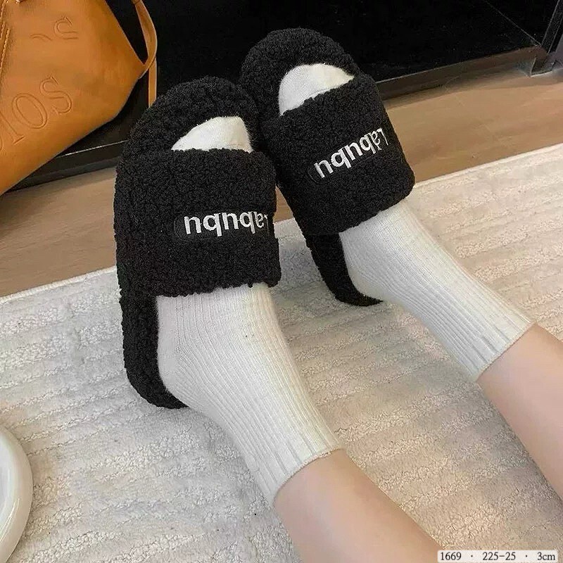 1669-韓國純色字母厚底毛毛拖