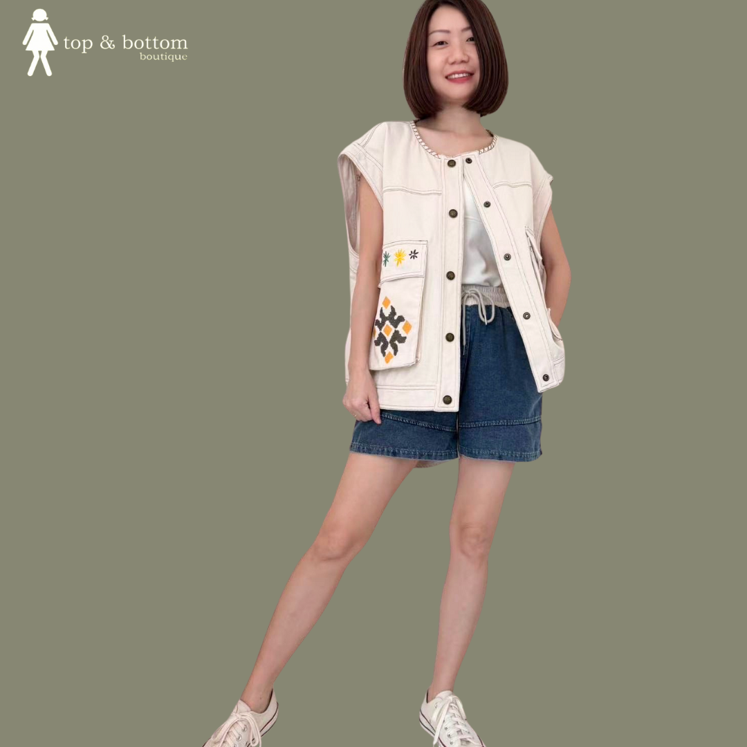 DENIM DETAILTED SHORT SLEEVE TEE & SHORTS SET SUIT (2 PCS)