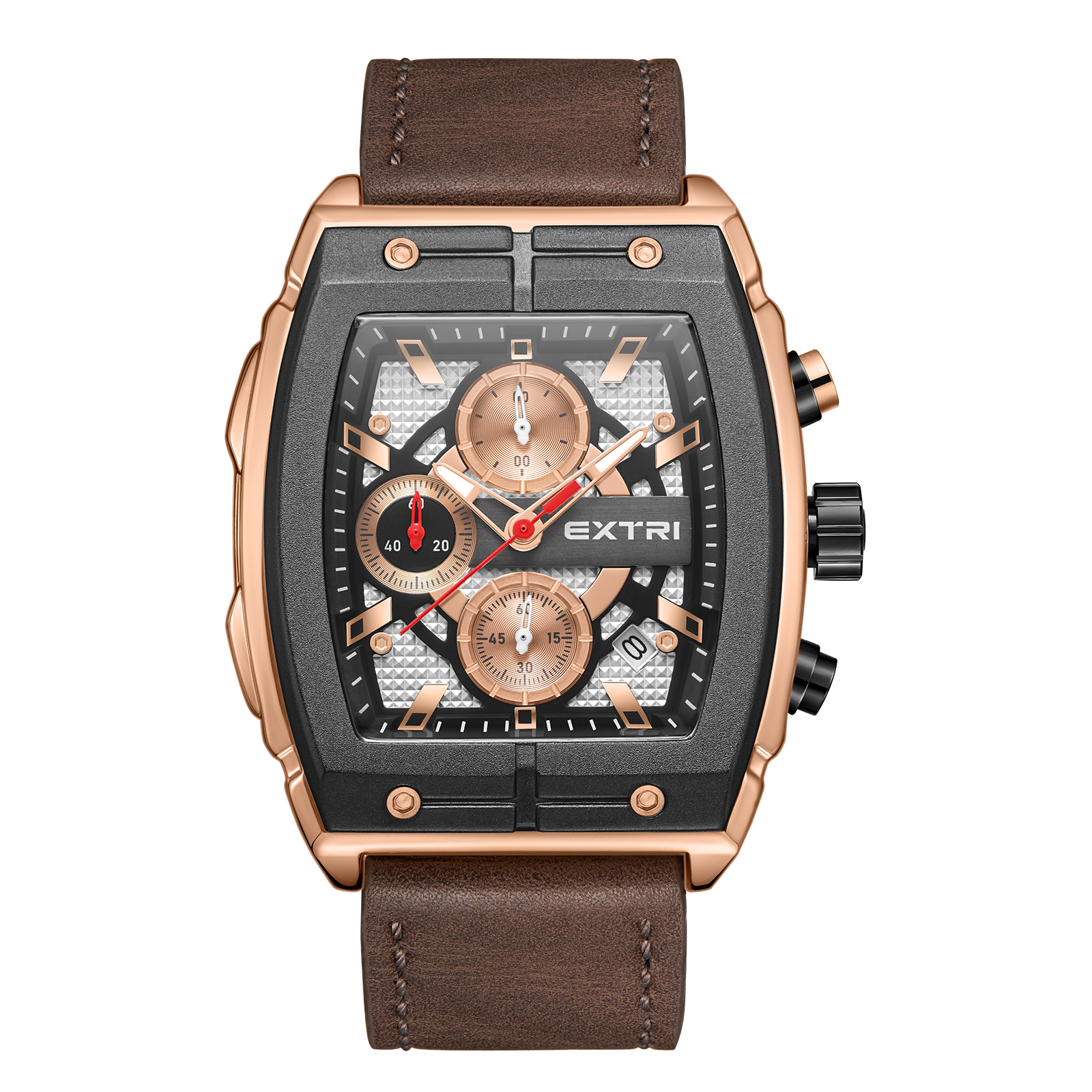 【EXTRI】 X6061 經典 酒桶款 日期顯示 三眼 皮革 手錶