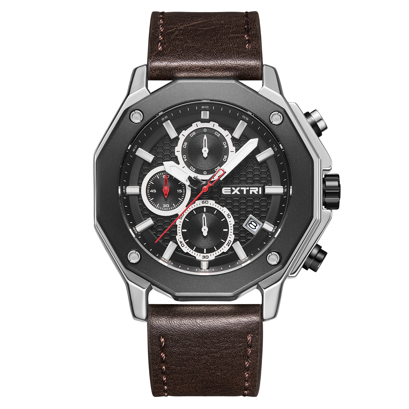 【EXTRI】 X6063 經典 圓形 日期顯示 三眼 夜光 皮革 手錶