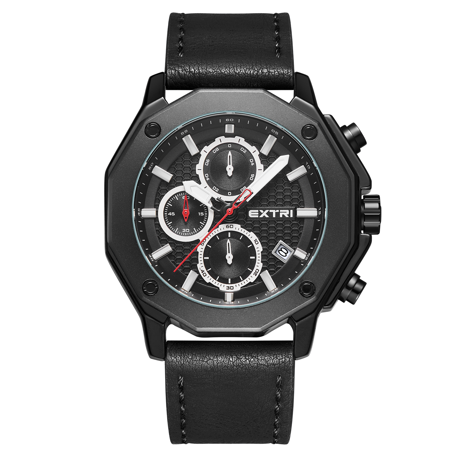 【EXTRI】 X6063 經典 圓形 日期顯示 三眼 夜光 皮革 手錶