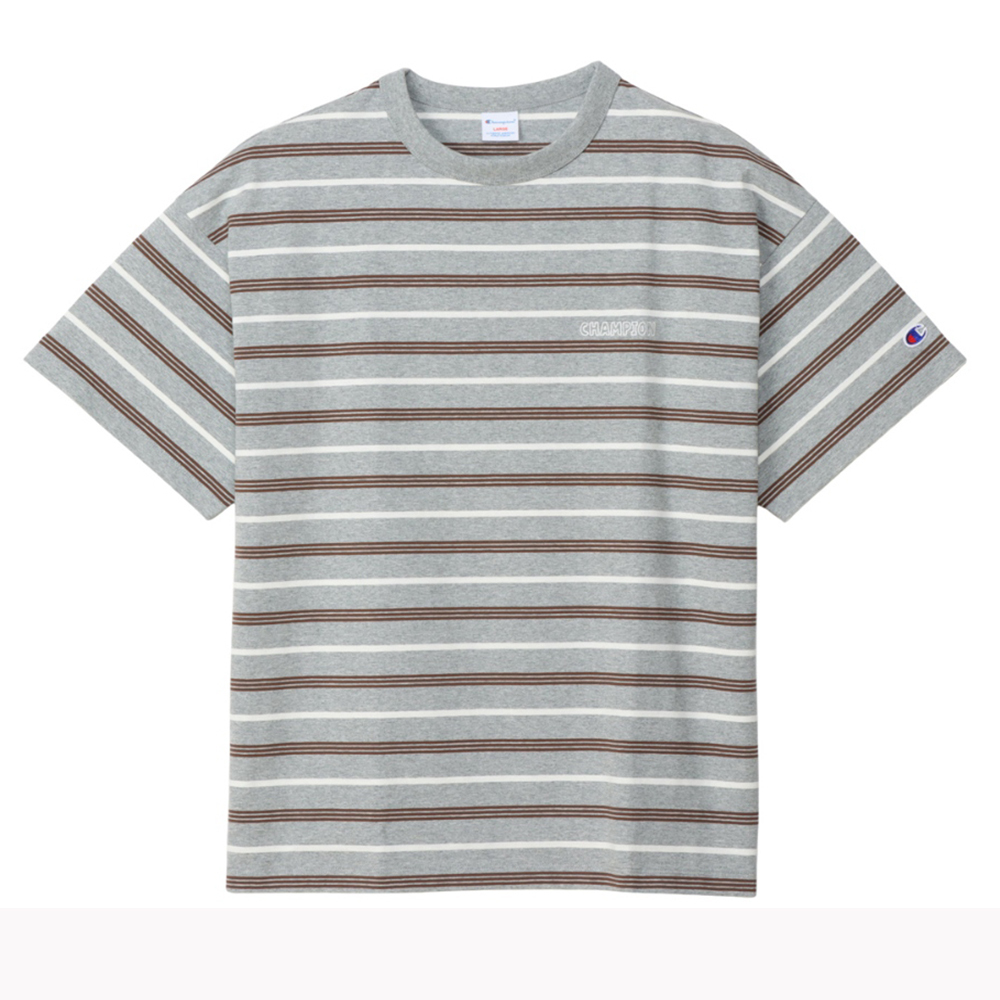 男款-CASUAL 寬版條紋印花短袖TEE-灰/褐條紋  （C3-C303-070）
