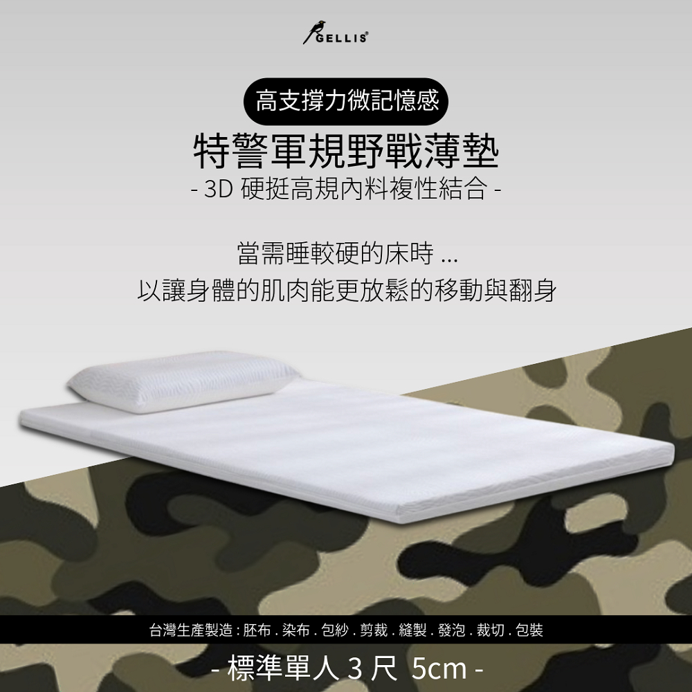 【新品】5cm特警軍規高支撐力微記憶感野戰輕量薄墊單人3尺